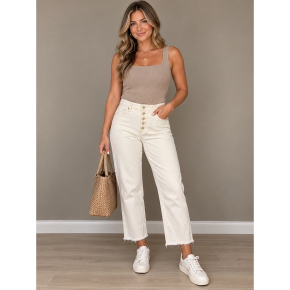 Judy Blue Denim - Judy Blue White Wide Leg Crop Jeans Raw Hem Button Fly Size 11/30